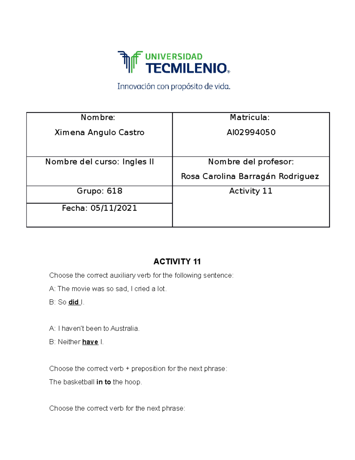 Activity 11 - Actividad - ingles basico - TecMilenio - Studocu