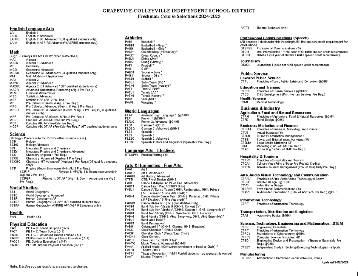 24-25 Freshman Course Selection Sheet - GRAPEVINE-COLLEYVILLE ...