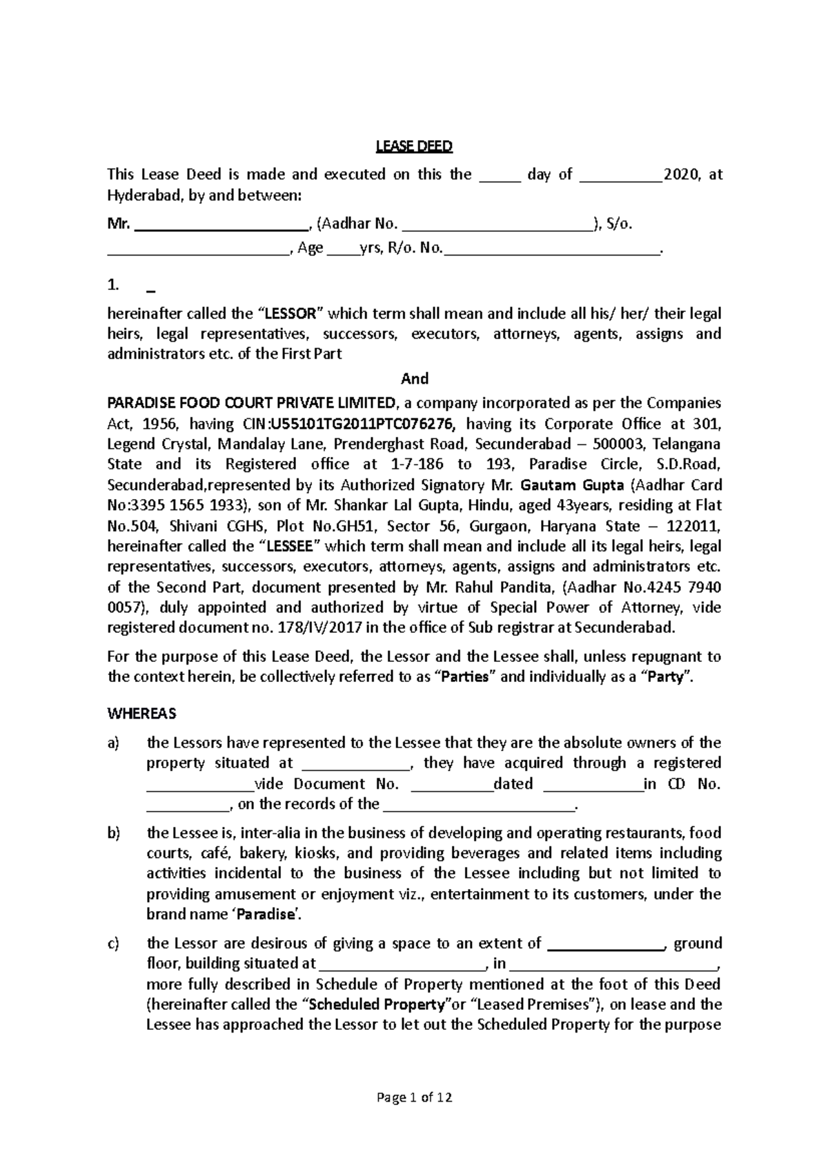 Standard Draft Lease Agreement - Template - LEASE DEED This Lease Deed ...