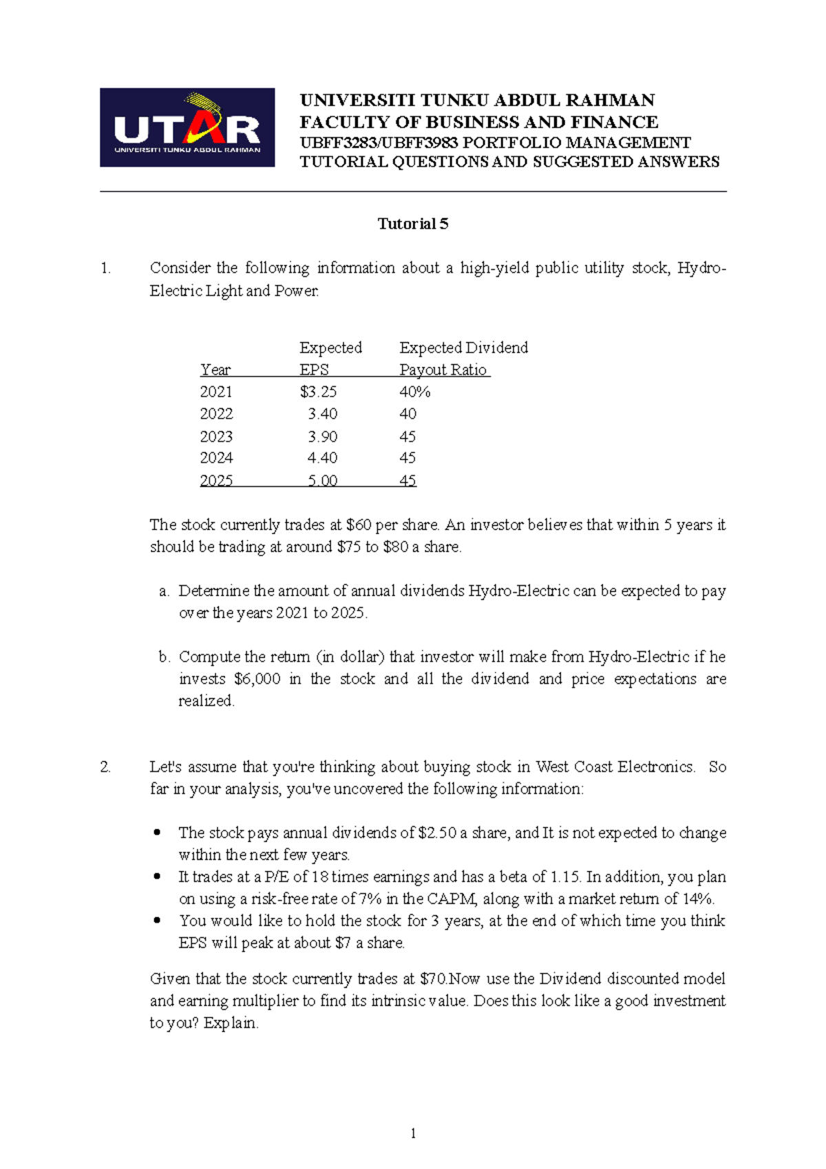 Tutorial 5 Question Revised Universiti Tunku Abdul Rahman Faculty Of Business And Finance Tutorial 5 Question Revised Universiti Tunku Abdul Rahman Faculty Of Business And Finance