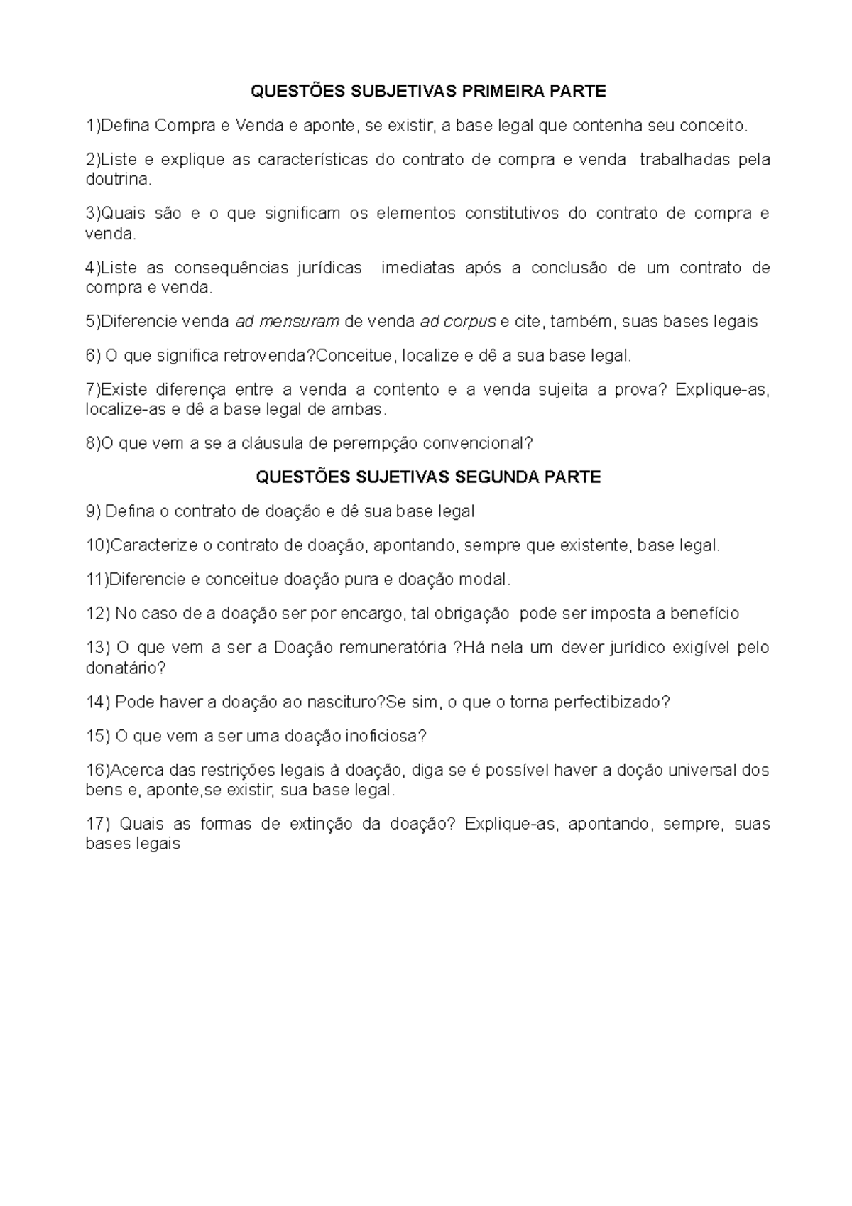 Questoes Subjetivas Finais Contratos - QUESTÕES SUBJETIVAS PRIMEIRA ...