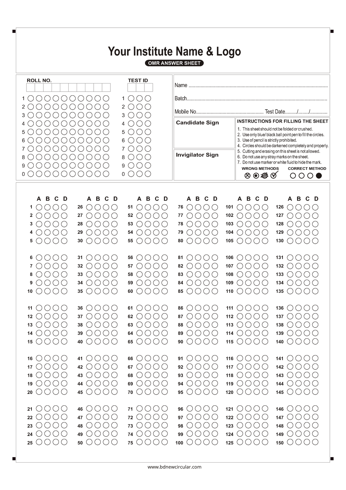 150 OMR Sheet Black White A4 - ROLL NO. INSTRUCTIONS FOR FILLING THE ...