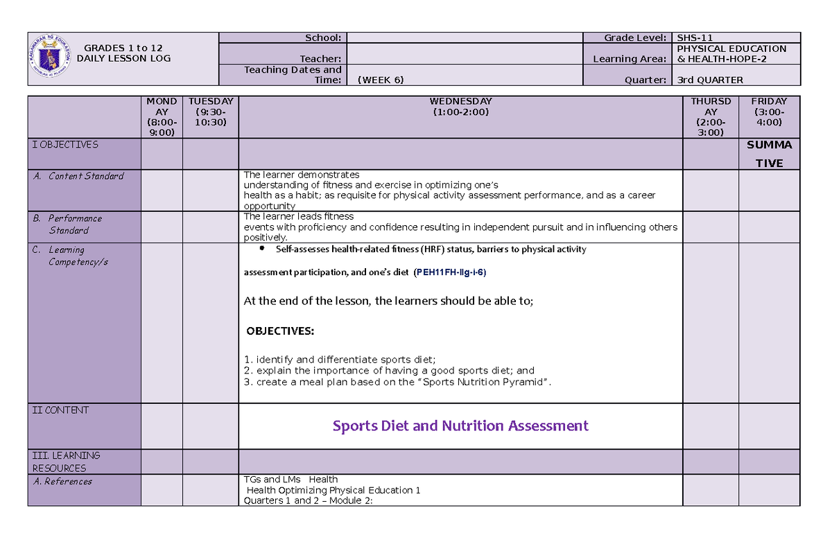 Q3-dll-hope 2 Week 6 Sports Diet And Nutrition Assessment - Grades 1 To 