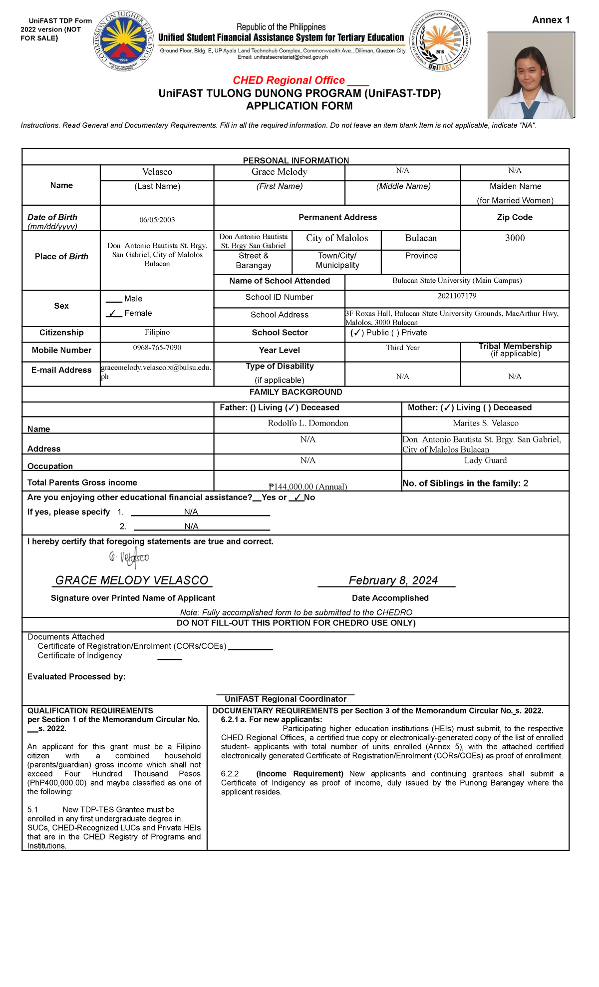 Velasco, Grace Melody (TDP Application - UniFAST TDP Form Annex 1 2022 ...