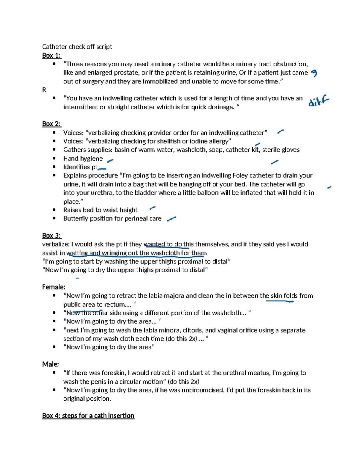 Catheter check off script 2 - Catheter check off script Box 1: “Three ...