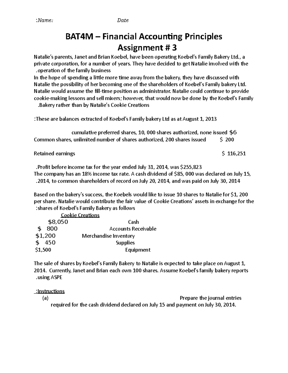 Koebel's Family Bakery. - : Name: Date BAT4M – Financial Accounting ...