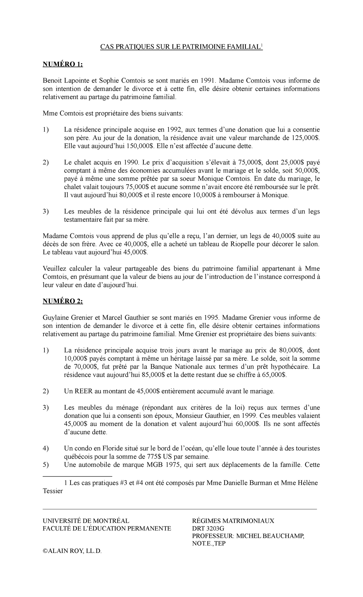 11- Cas Pratiques Sur La Patrimoine Familial - CAS PRATIQUES SUR LE ...