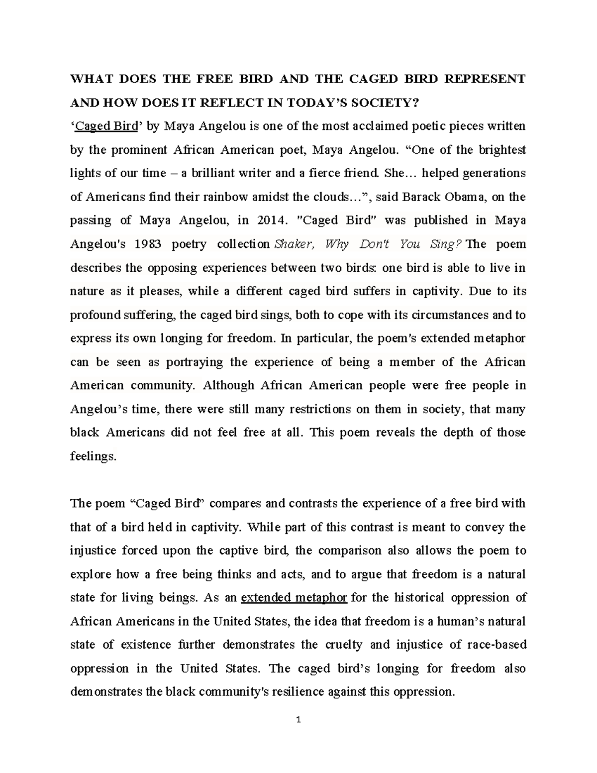 523257722 Maya Angelou Essay WHAT DOES THE FREE BIRD AND THE CAGED