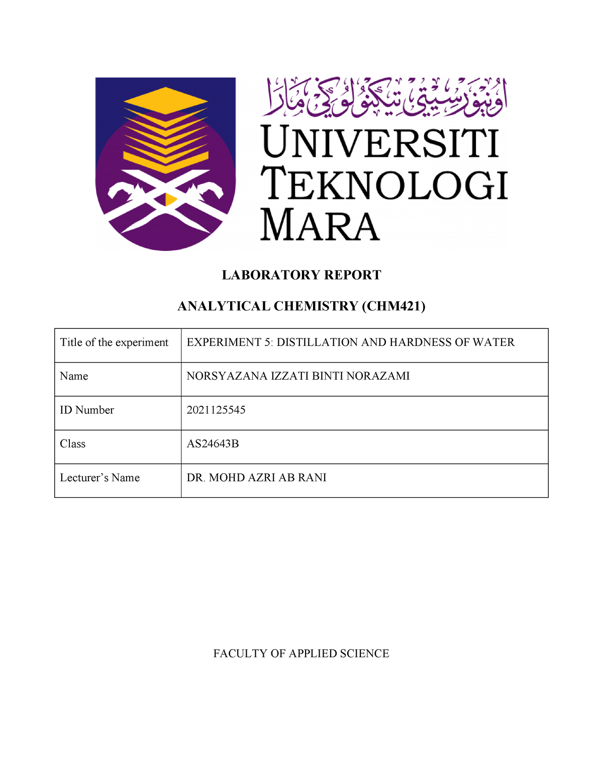 lab report experiment 5 chm421