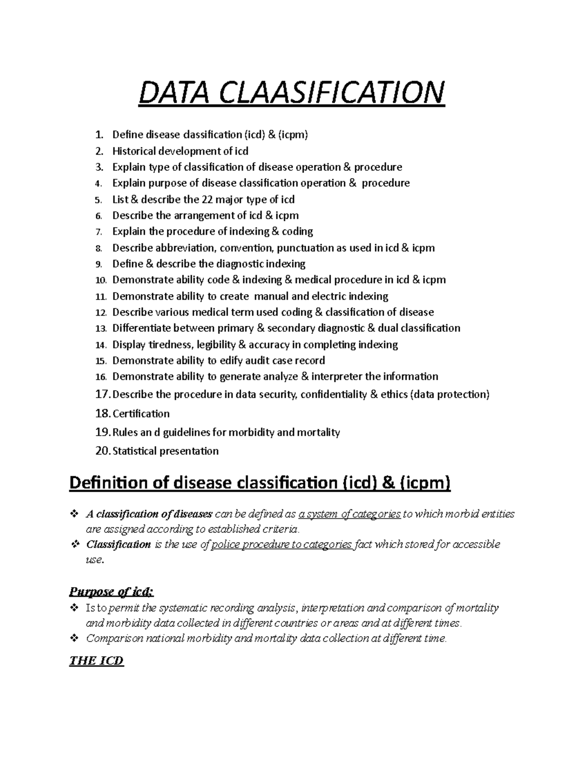 DATA Classification - who guideline in coding - DATA CLAASIFICATION 1 ...