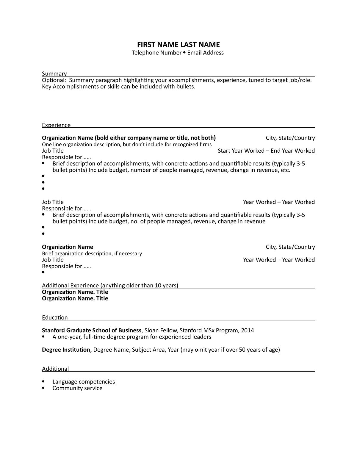 Stanford Resume Template FIRST NAME LAST NAME Telephone Number Email