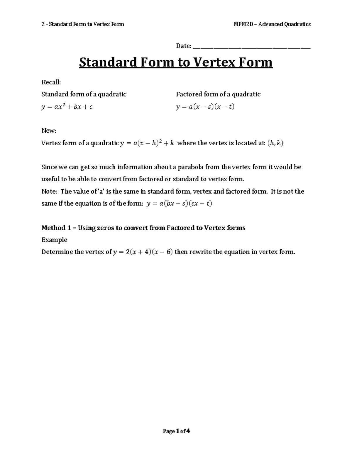 02 Standard Form to Vertex Form Date