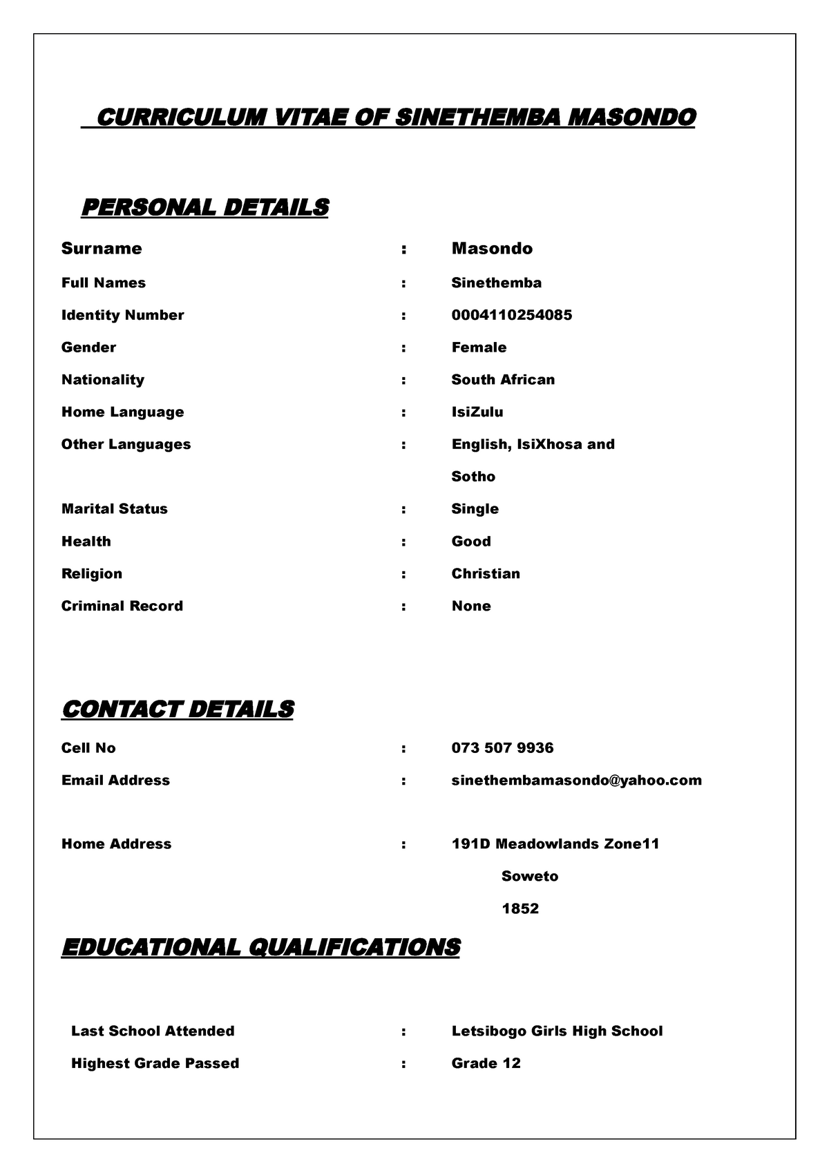 Professional Cv Examples South Africa