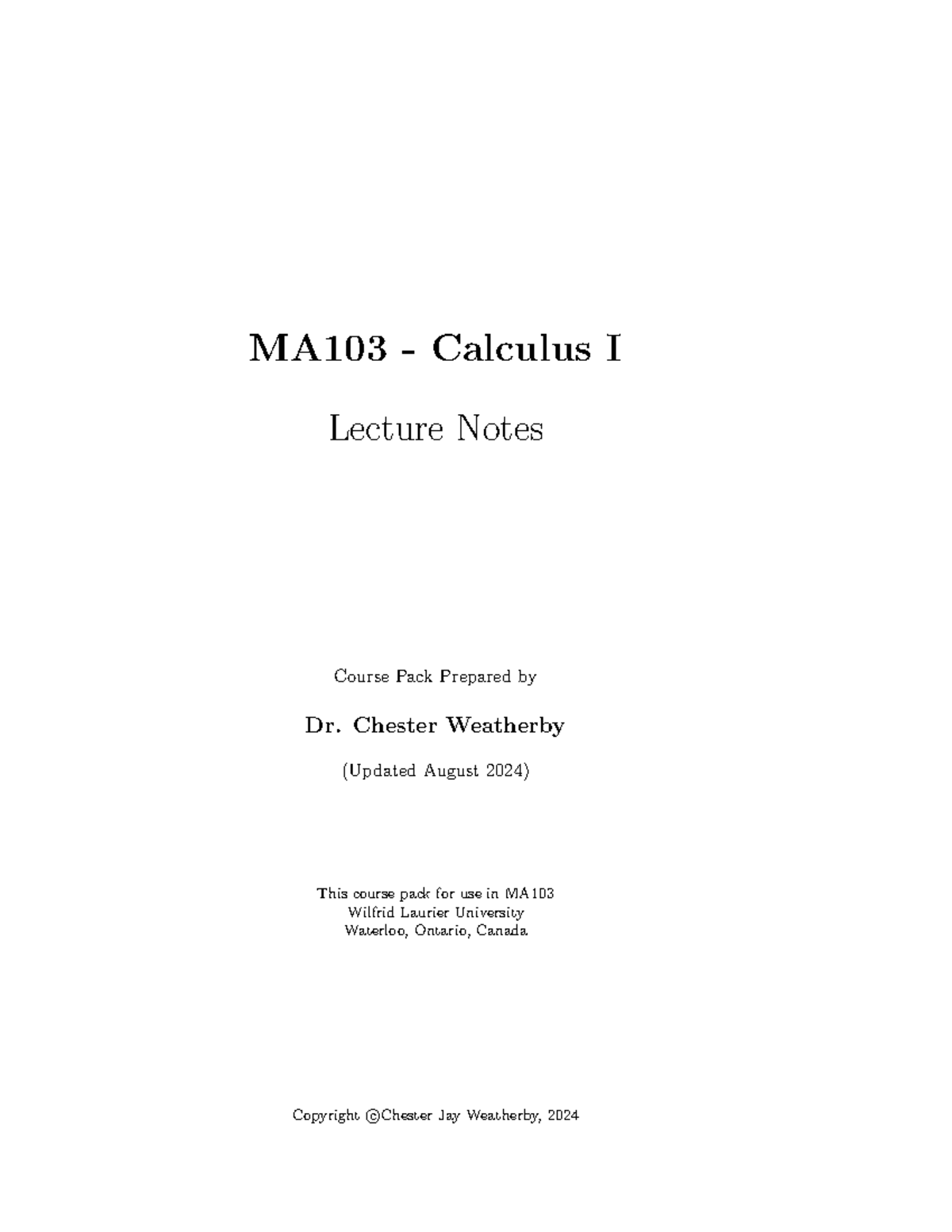 Printable Week 1 Slides - MA103 - Calculus I Lecture Notes Course Pack ...