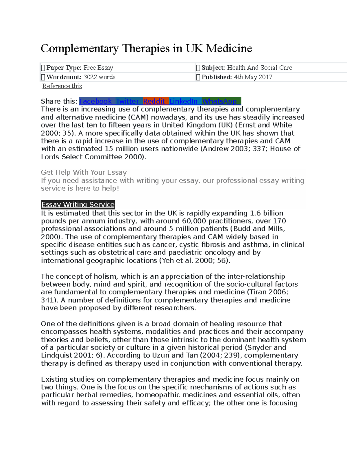 Complementary Therapies in UK Medicine A more specifically data