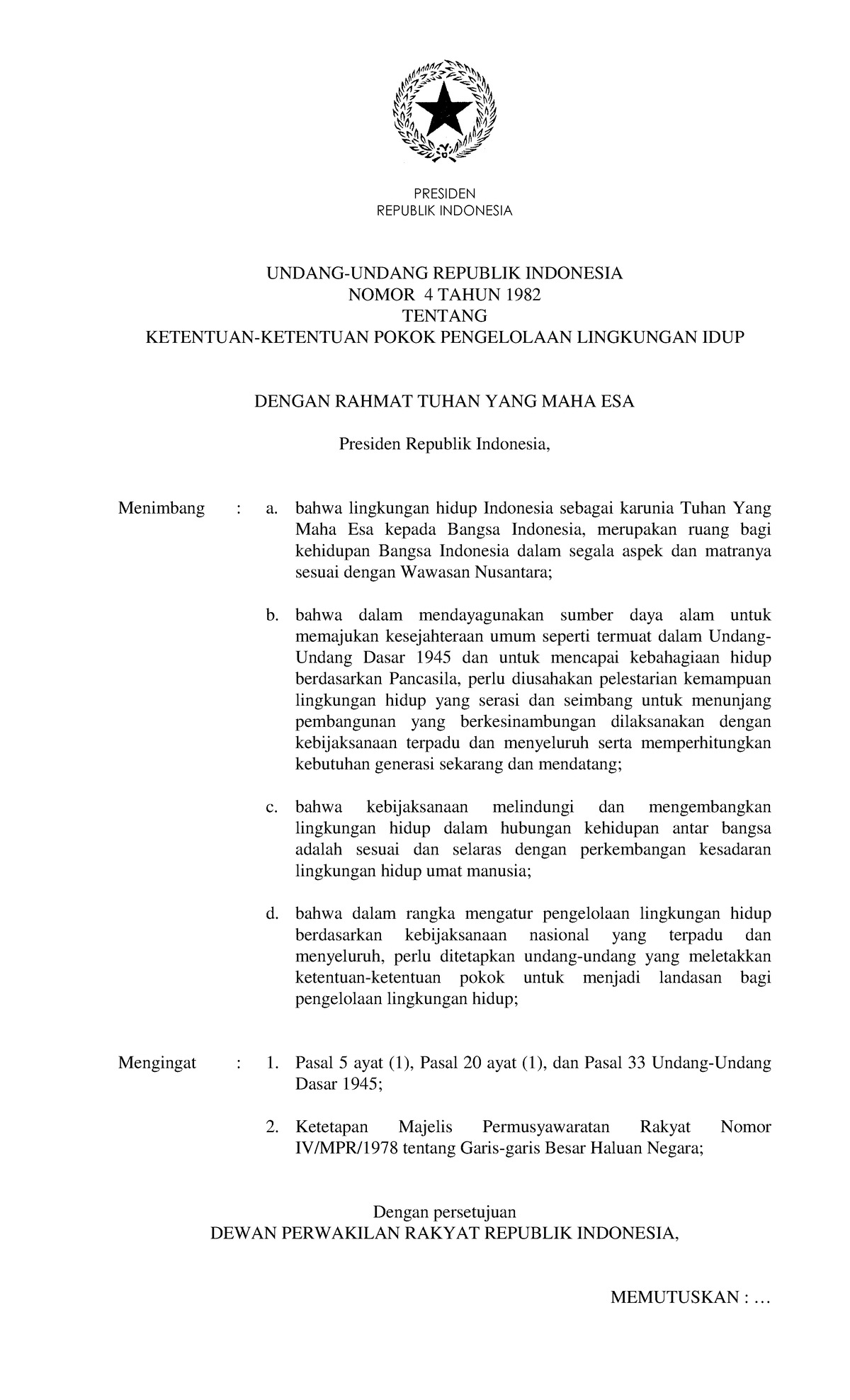 UU Nomor 4 Tahun 1982 - REPUBLIK INDONESIA UNDANG-UNDANG REPUBLIK ...