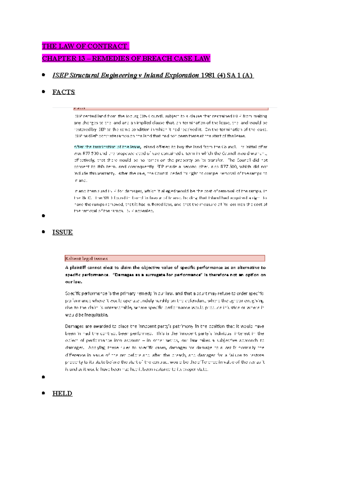 Remedies For Breach Cases - THE LAW OF CONTRACT CHAPTER 13 – REMEDIES ...