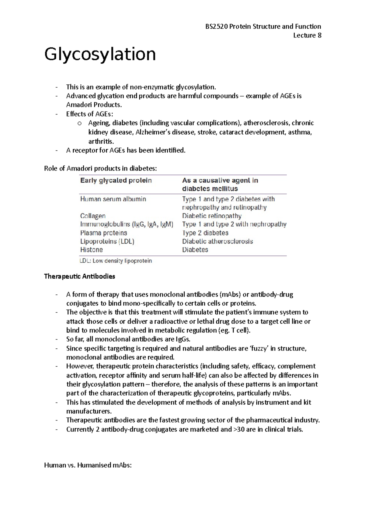 8 Glycolysation Lecture notes 8 BS2520 Protein Structure and