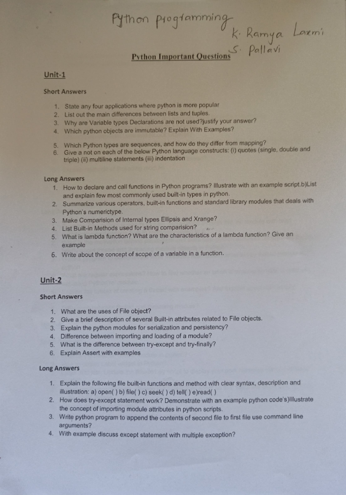 Python imp1 topics - Unit- Short Answers f)tnon p-,o,'rir k· ~- Python ...