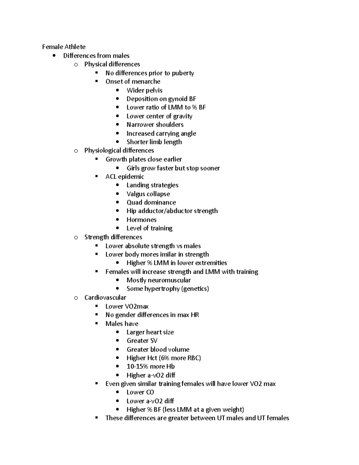 Female Athlete - Female Athlete Differences from males o Physical ...