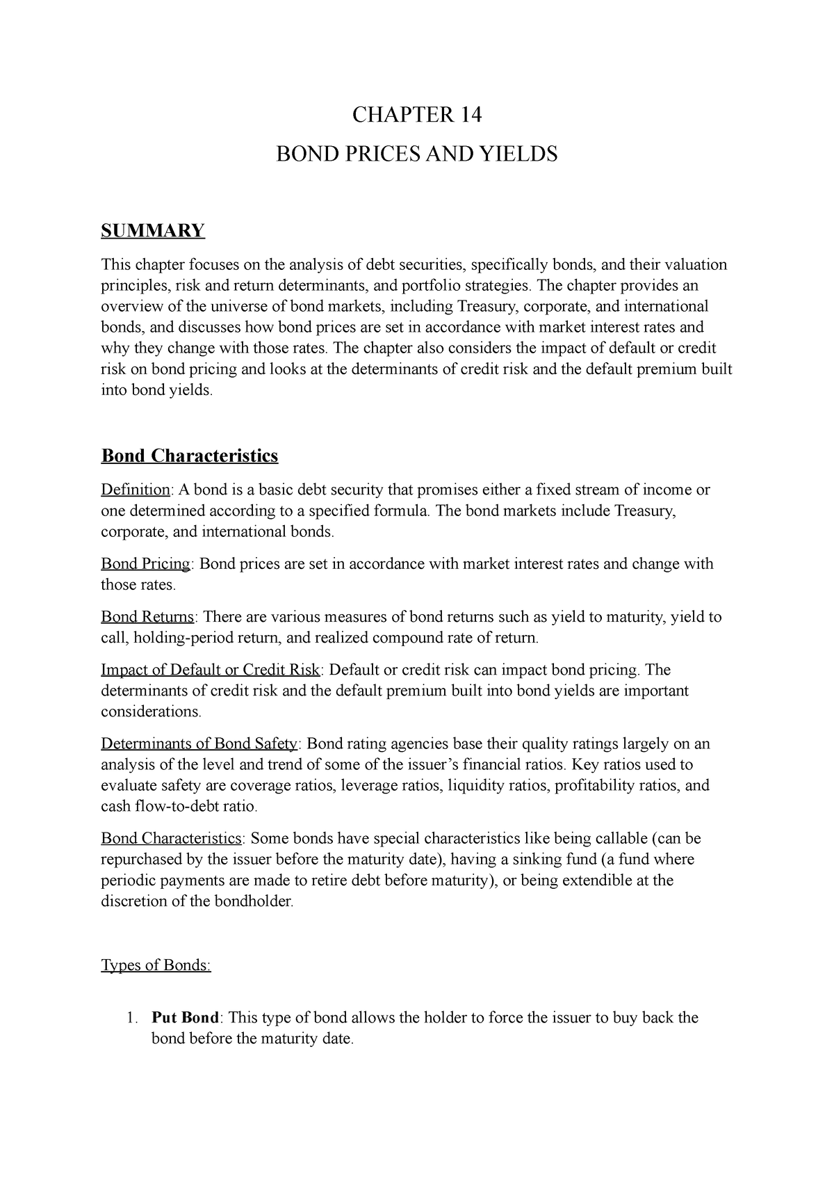 Chapter 14 - Summary - CHAPTER 14 BOND PRICES AND YIELDS SUMMARY This ...