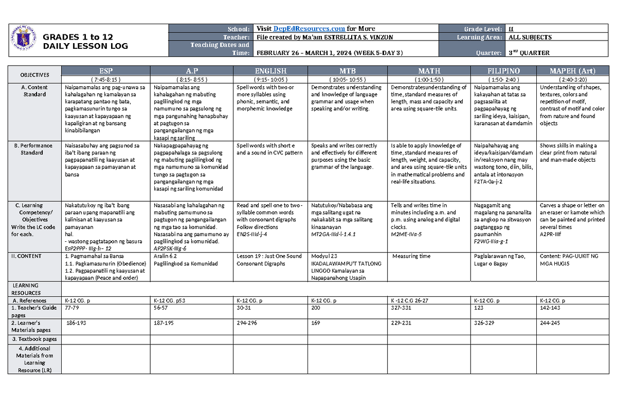 DLL ALL Subjects 2 Q3 W5 D3 - GRADES 1 to 12 DAILY LESSON LOG School ...