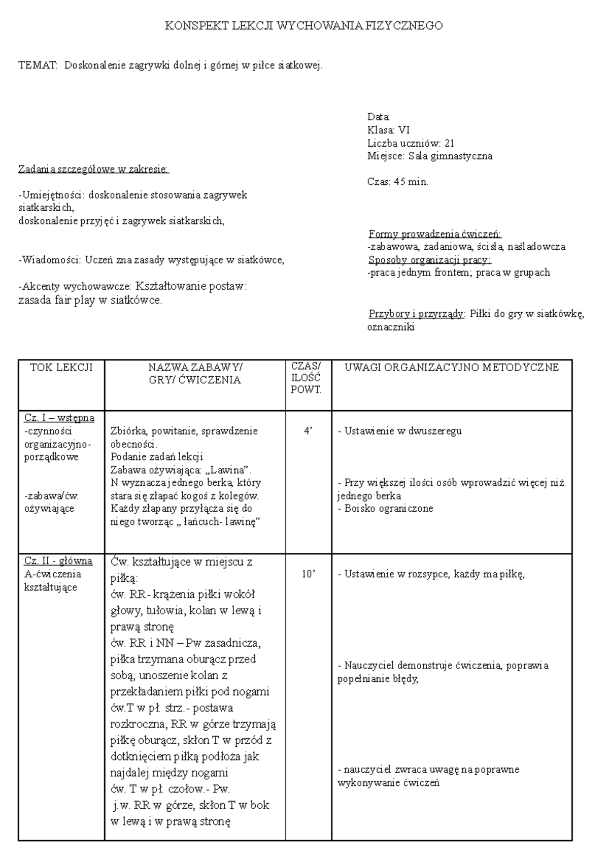 Doskonalenie Zagrywki Dolnej I Górnej W Piłce Siatkowej. - Data: Klasa ...