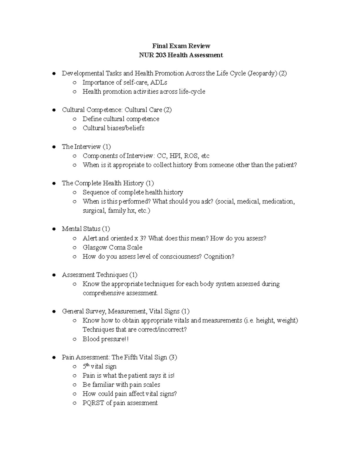 Final Exam Study Guide - Final Exam Review NUR 203 Health Assessment ...