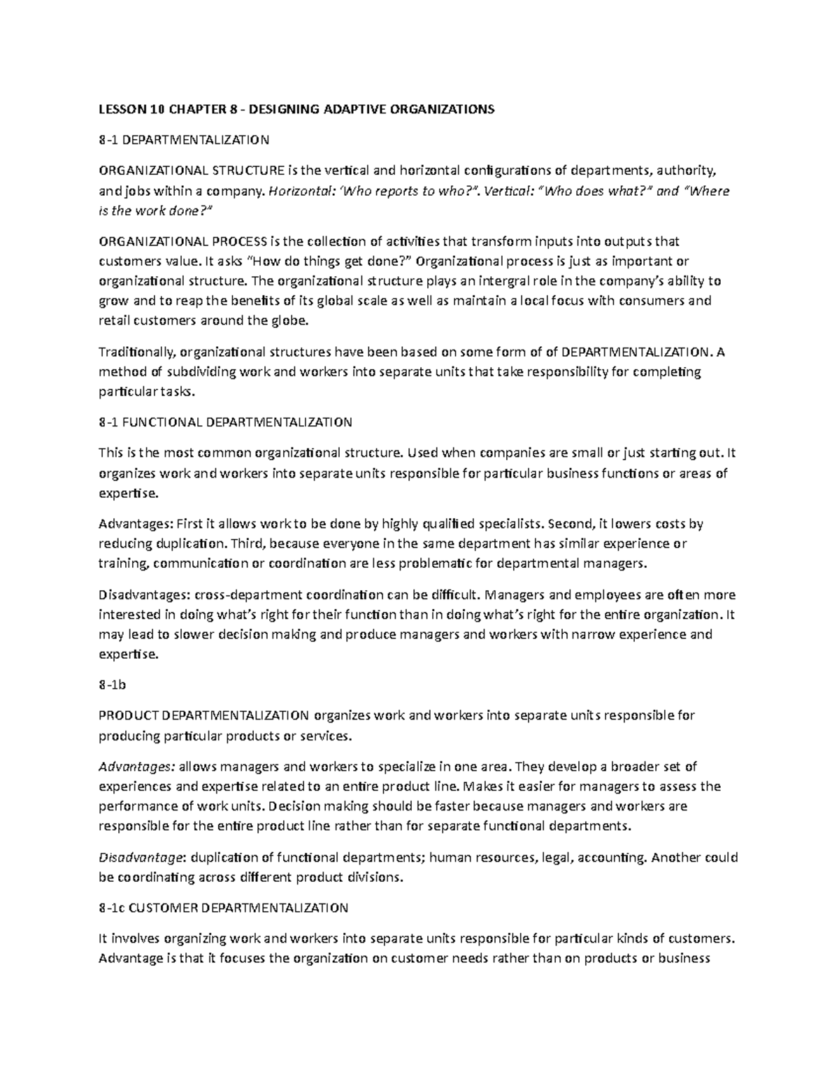 Lesson 10 Chap 8 notes - Summary of Chapter 8 in MGMT 3 Principles of ...
