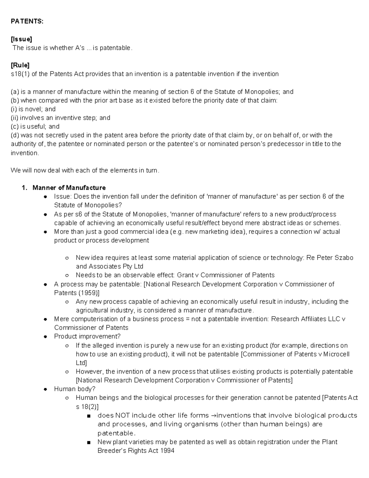 CLAW2209 Manner of Mnaufacture - PATENTS: [Issue] The issue is whether ...