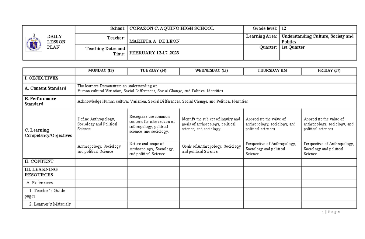 UCSP DLL Week 1 FEB - DLL - G DAILY LESSON PLAN School: CORAZON C ...