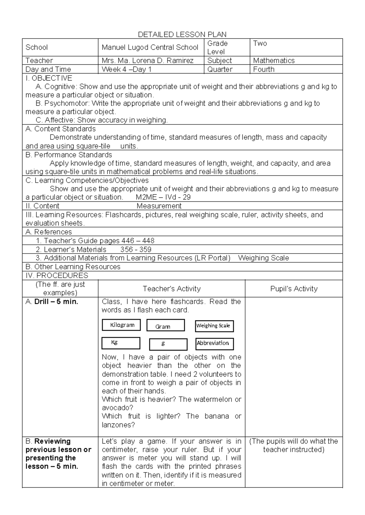 Detailed Lesson PLAN IN MATH Grams AND Kilograms - DETAILED LESSON PLAN ...