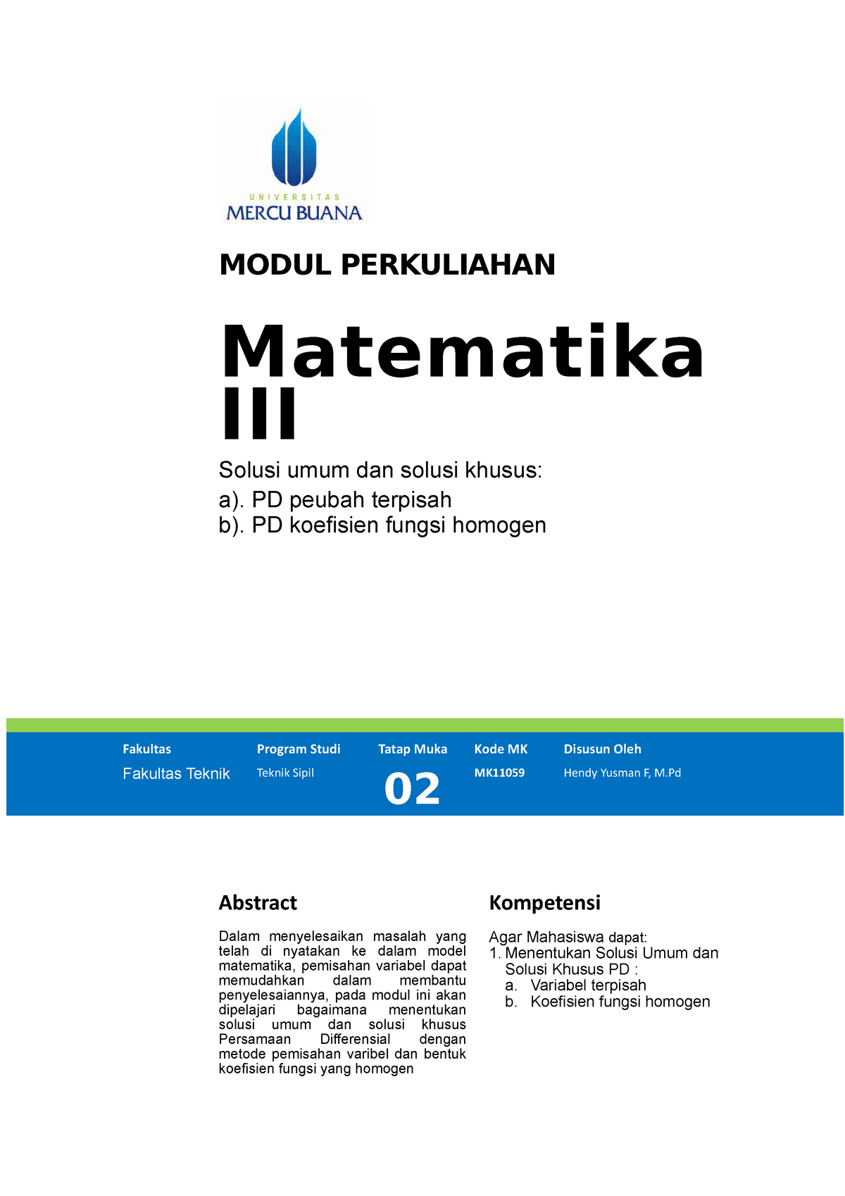 Modul Matematika III [TM2] - MODUL PERKULIAHAN Matematika III Solusi ...