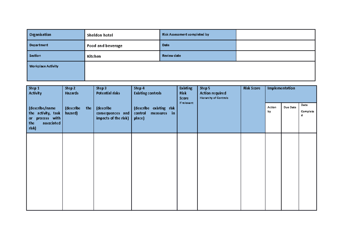 Risk assessment template - Organisation Sheldon hotel Risk Assessment ...