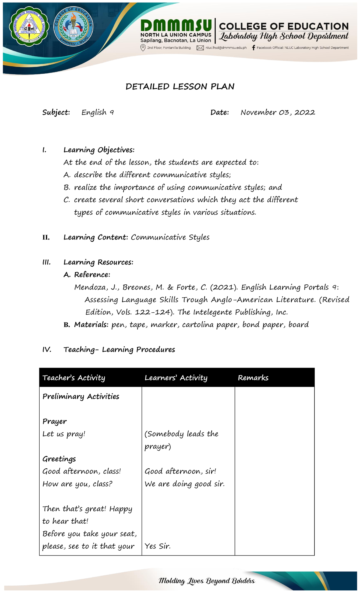 Communicative Styles Lesson Plan Draft 2 Semi Detaile Vrogue co