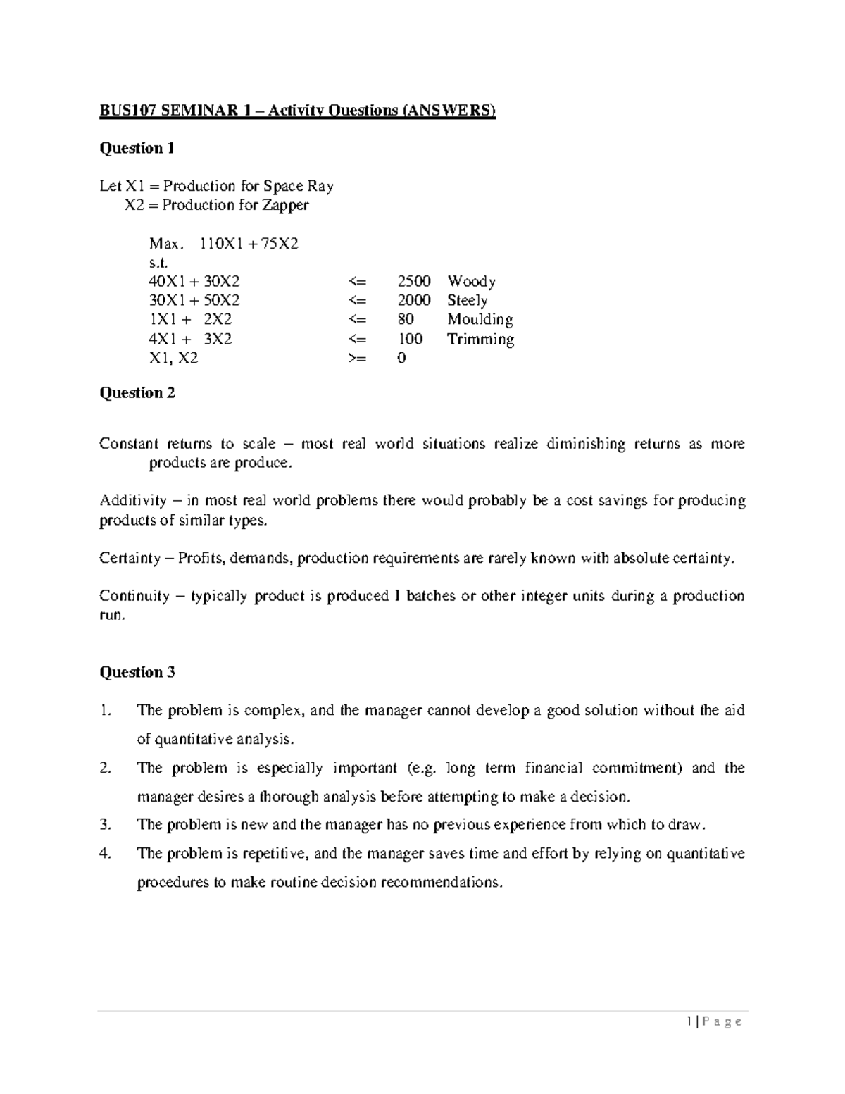 Seminar 1 Activity Answers - 1 | P a g e BUS107 SEMINAR 1 – Activity ...