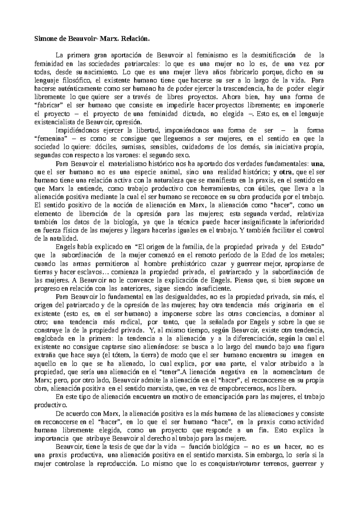 Relación Marx - Simone de Beauvoir - Simone de Beauvoir- Marx. Relación ...