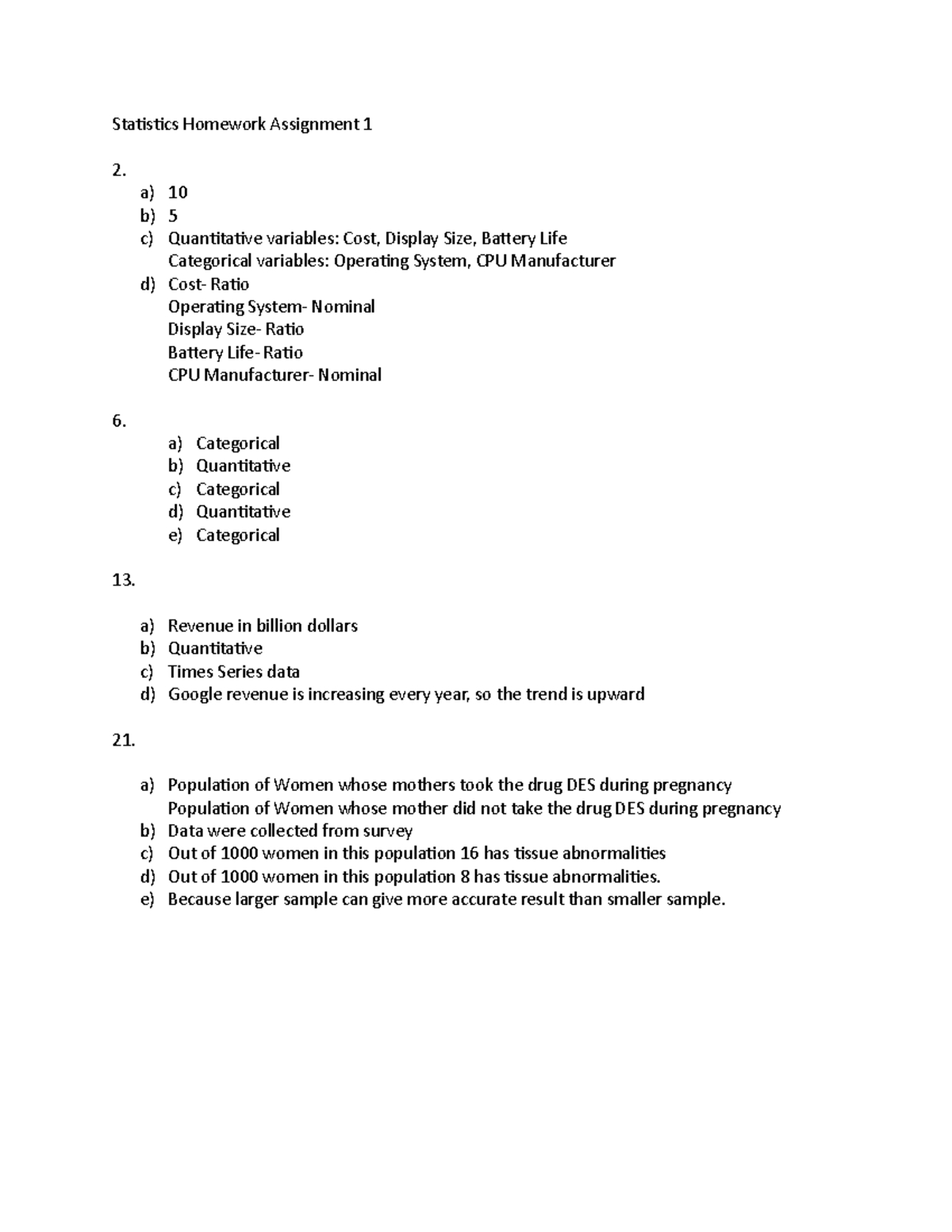 business statistics homework answers