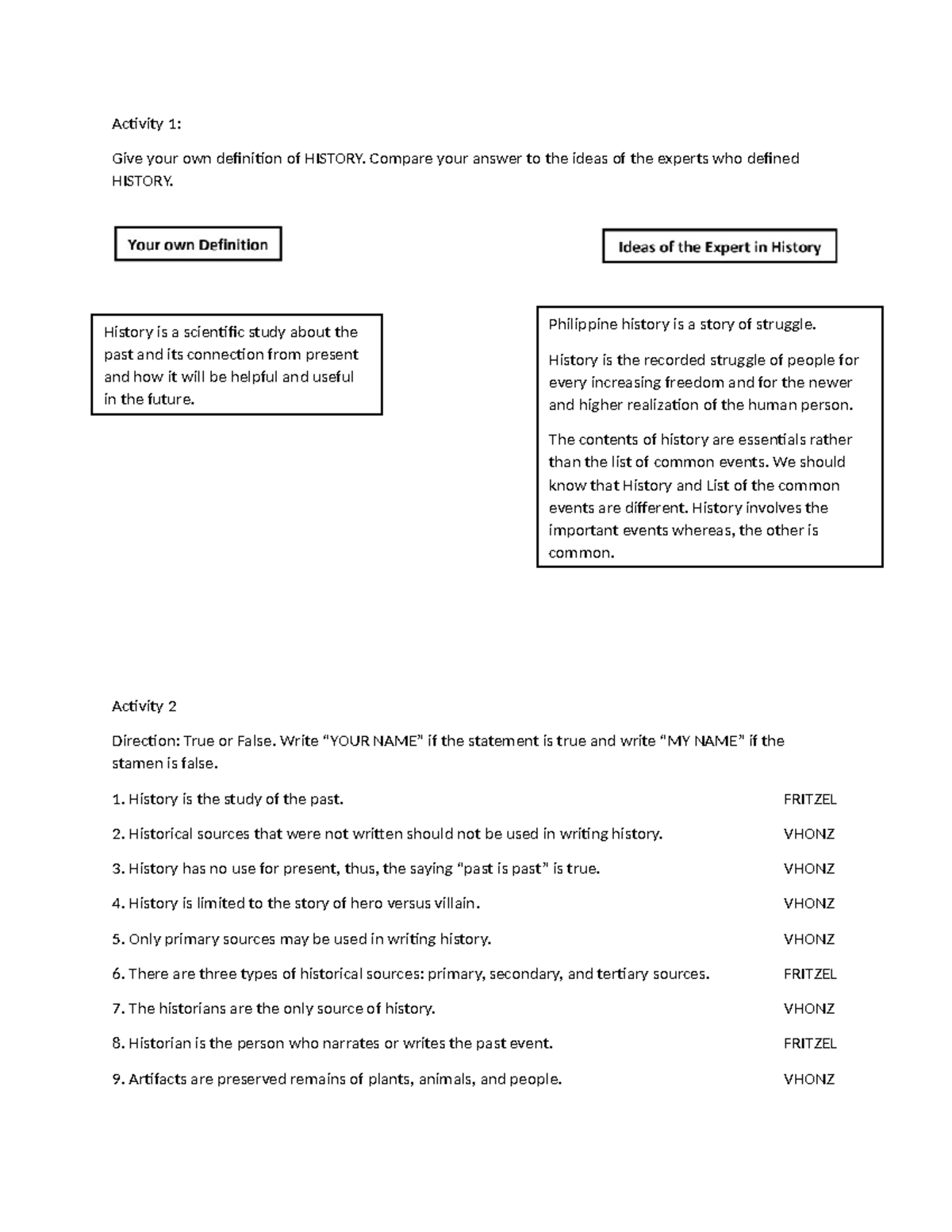 Activity 1 History - Activity 1: Give your own definition of HISTORY ...