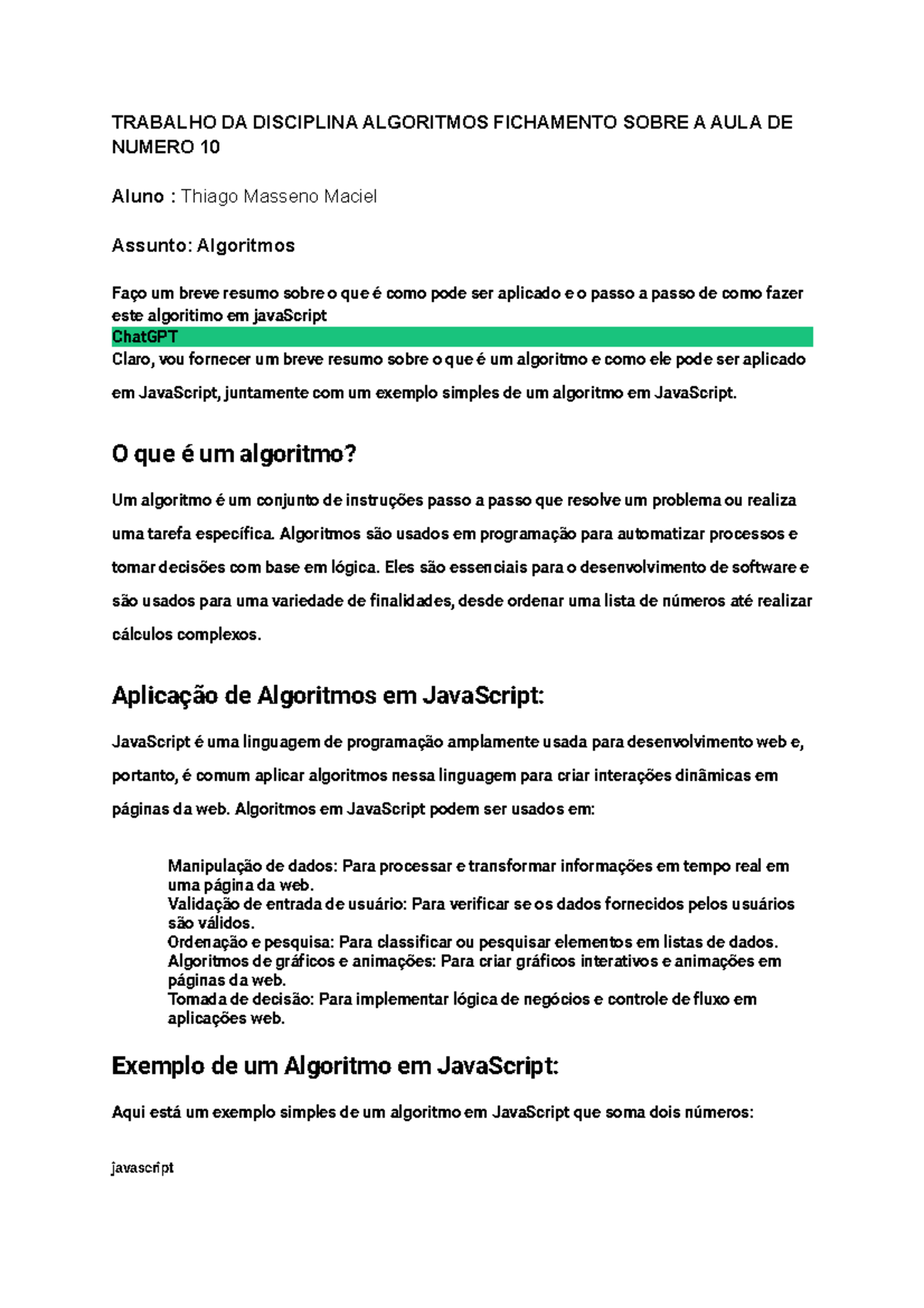 Trabalho DA Disciplina Algoritmos Fichamento Sobre A AULA DE Numero 10 ...