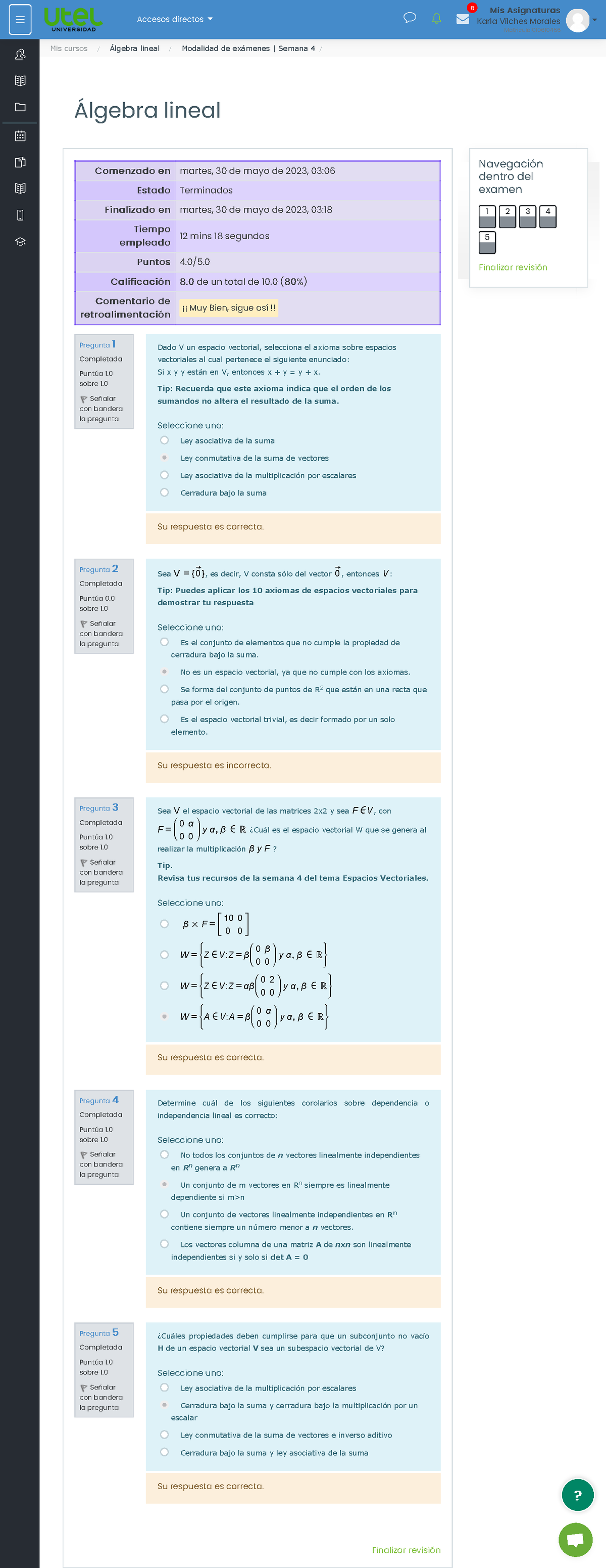 Modalidad De Ex Menes Semana Revisi N Del Intento Lgebra Lineal