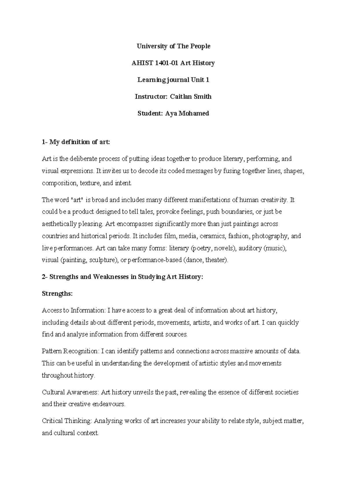 Journal - University of The People AHIST 1401-01 Art History Learning ...