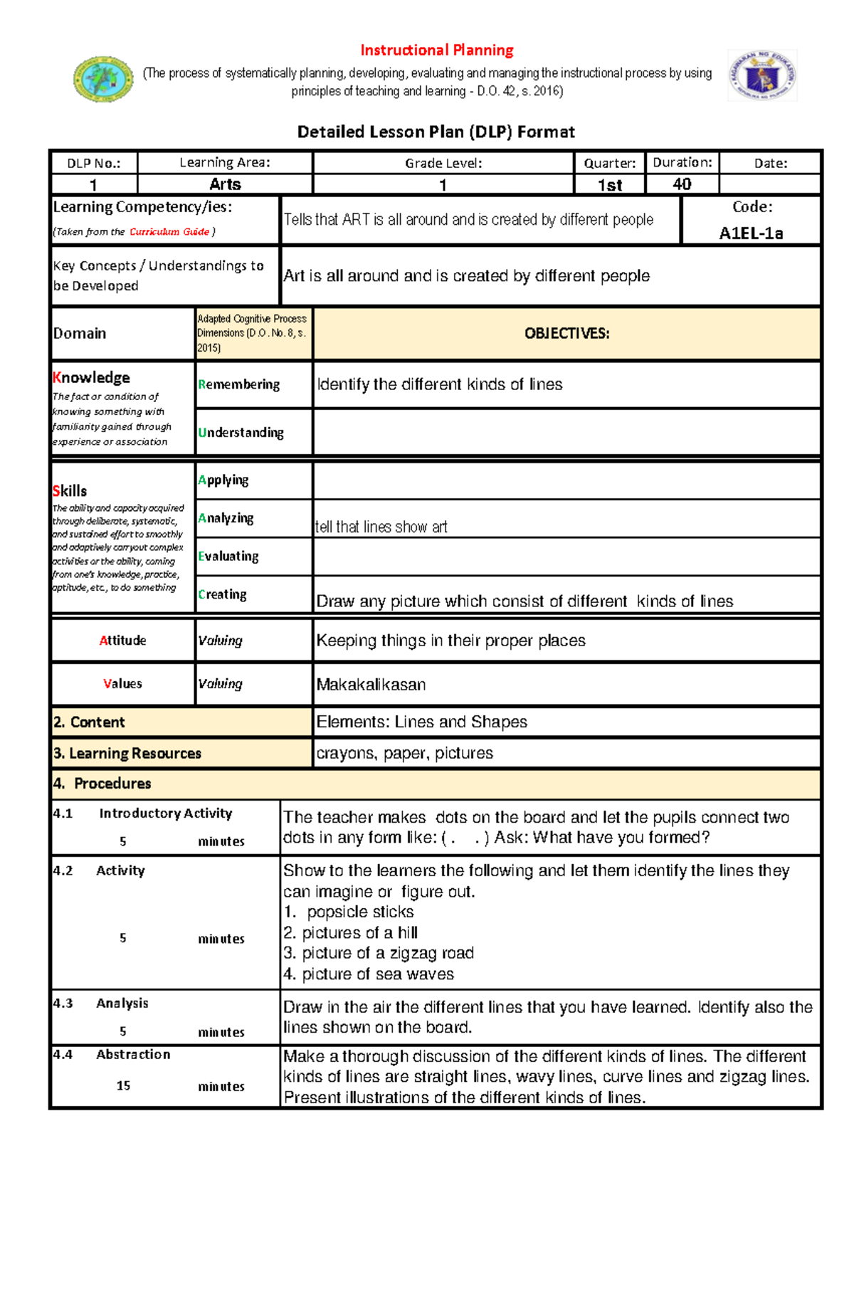 Mapeh 1-art -dlp 1 - Detailed Lesson Plan - DLP No.: Grade Level ...