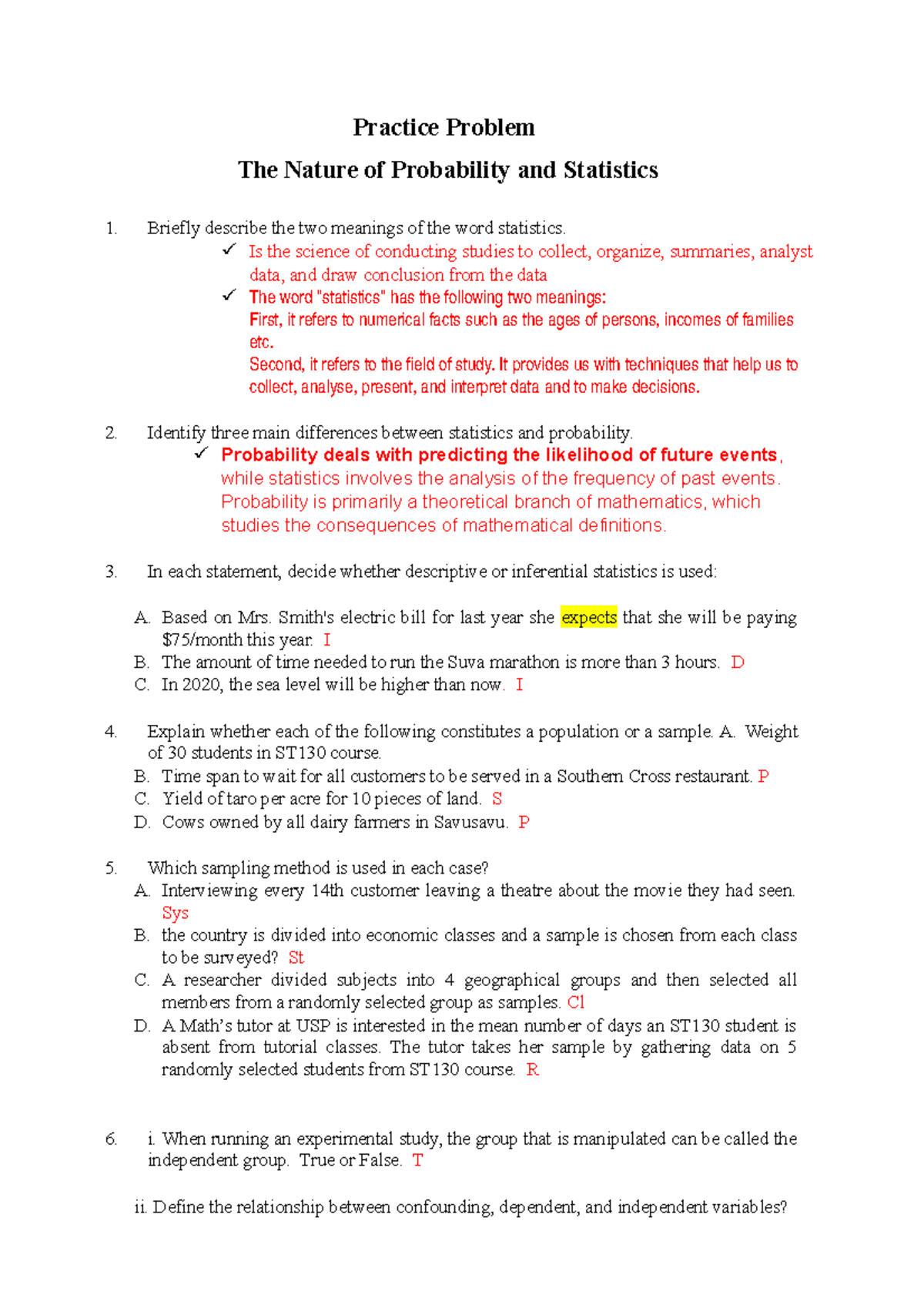 Practice Problems 1( Nature Of Prob And Stat) - Basic Statistics - USP ...