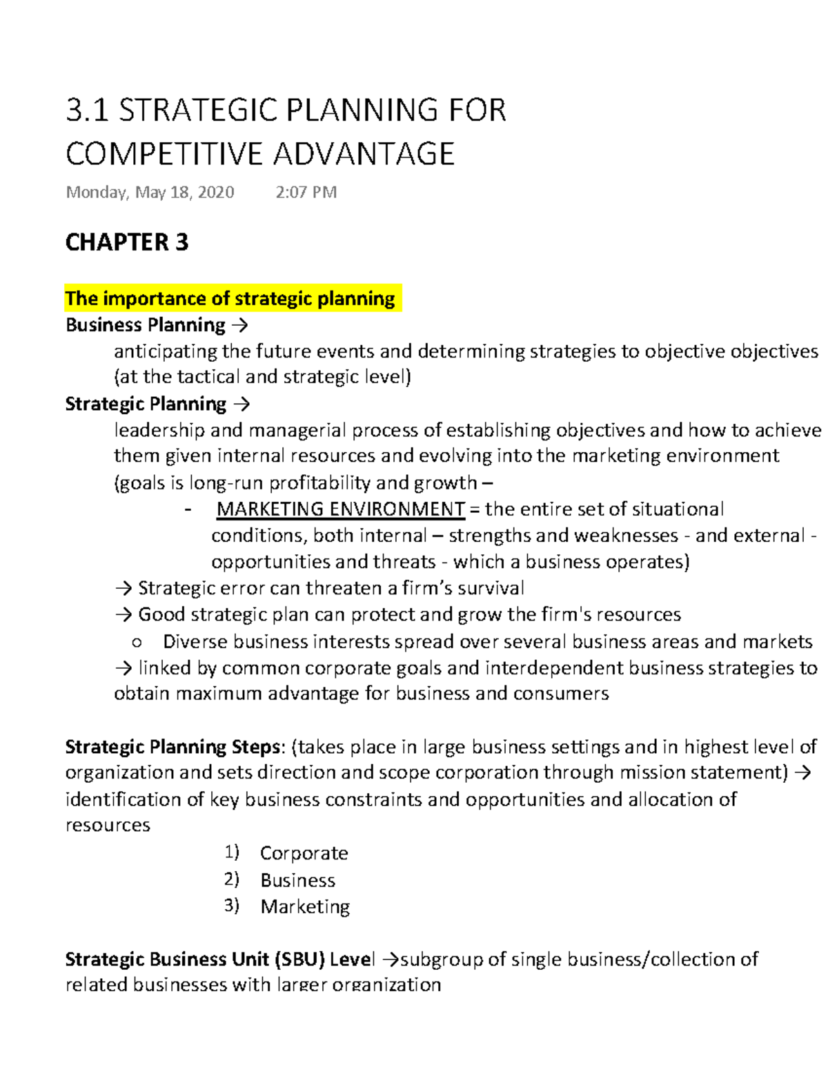 3.1 Strategic Planning FOR Competitive Advantage - CHAPTER 3 The ...
