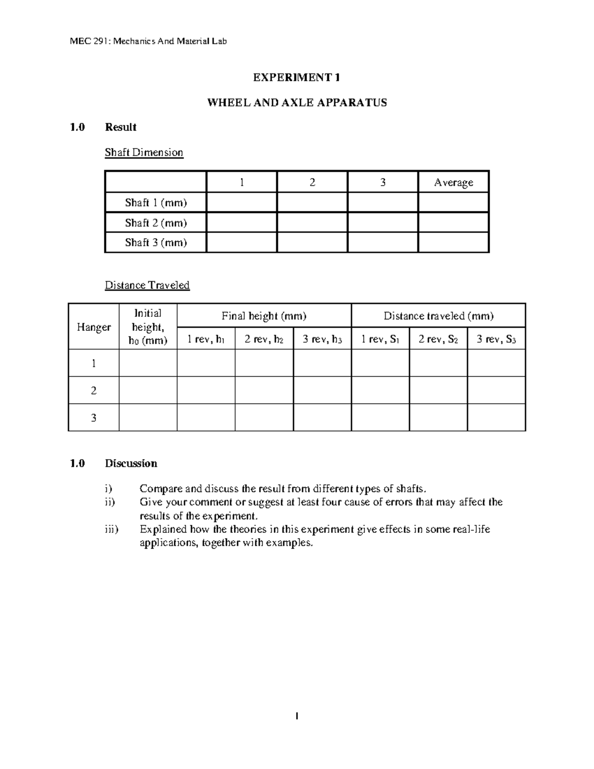 EXP1 Wheel & Axle Experiment MEC 291 Mechanics And Material Lab 1