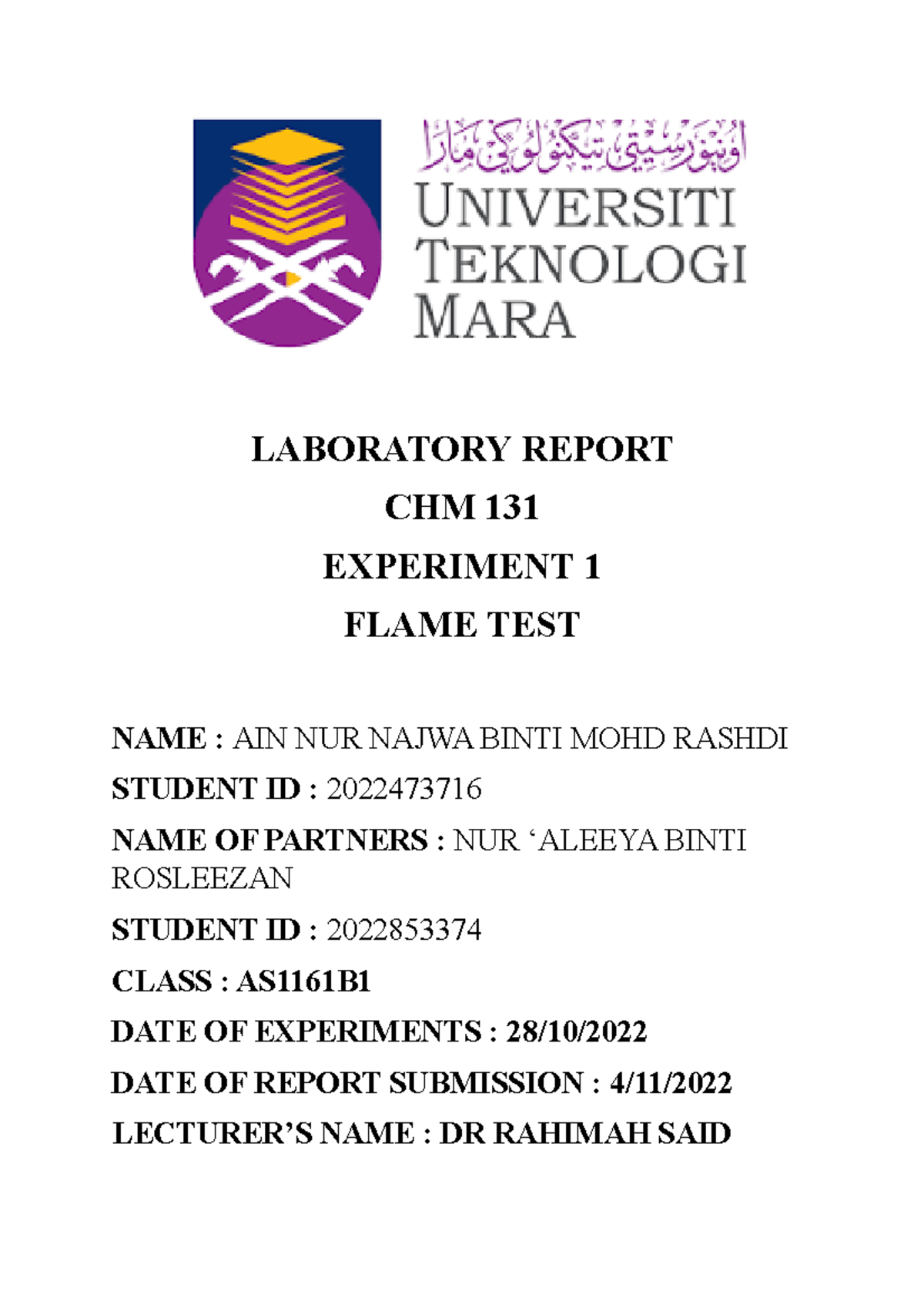 Lab report chm131 EXP 1 FLAME TEST LABORATORY REPORT CHM 131