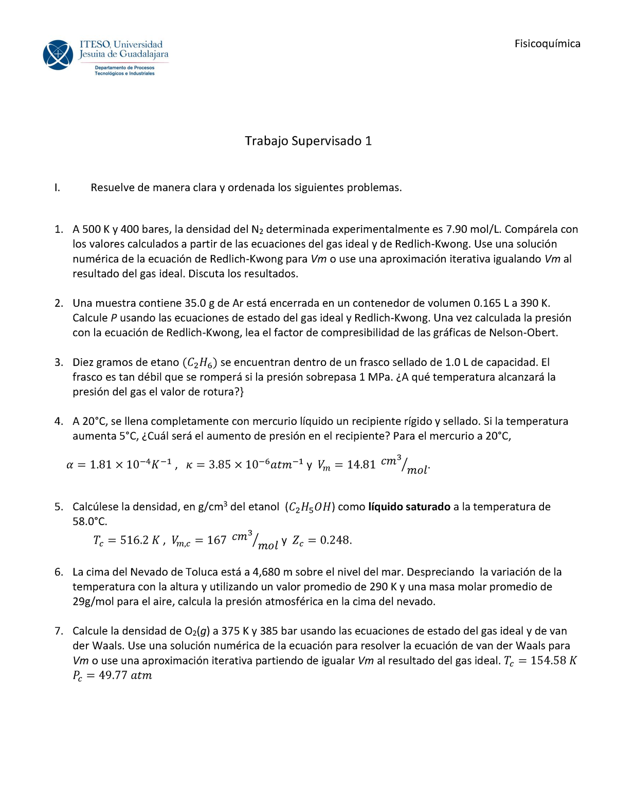 Ts1 O2022 Ts1 Fisicoquímica Trabajo Supervisado 1 I Resuelve De Manera Clara Y Ordenada 6754