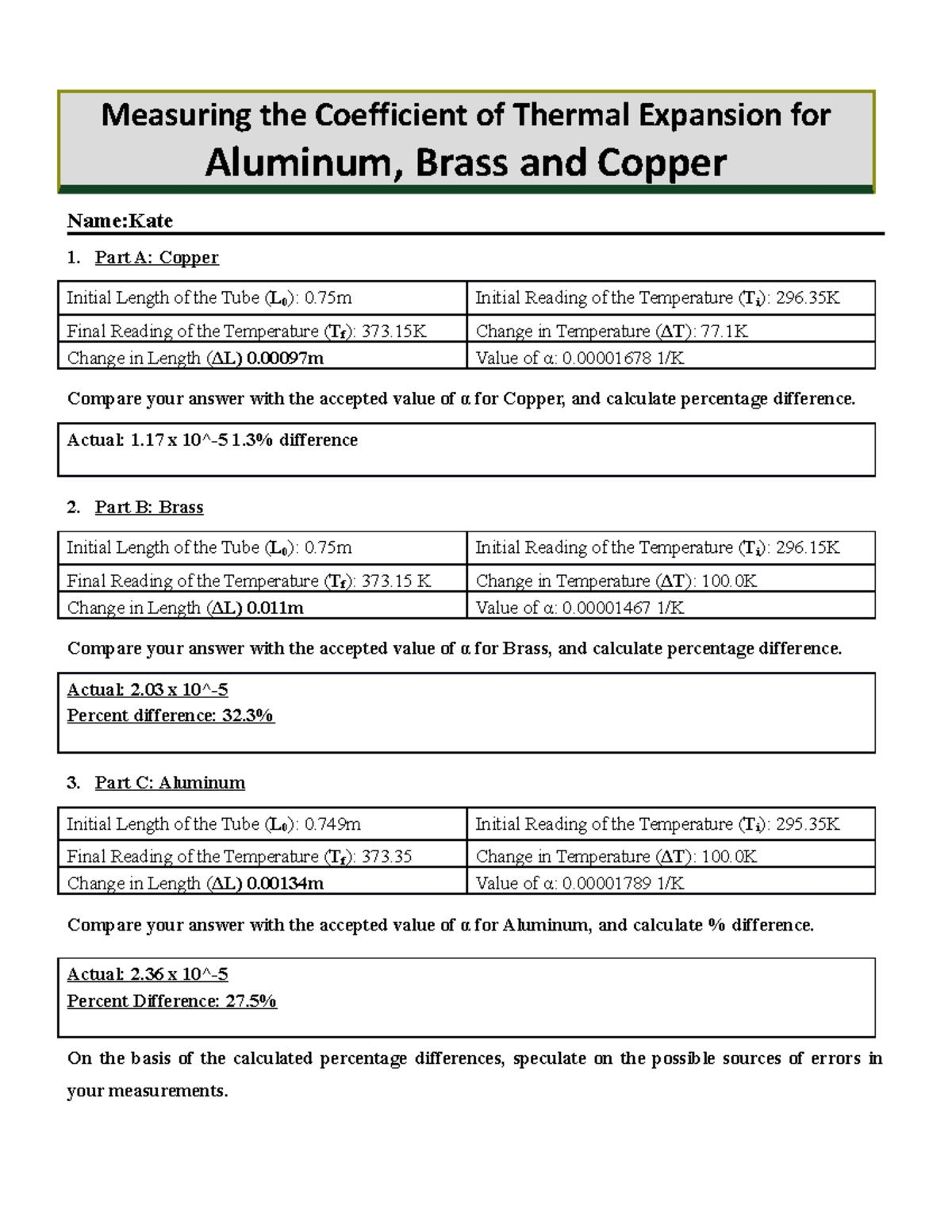 Thermal Expansion Worksheet Measuring the Coefficient of Thermal