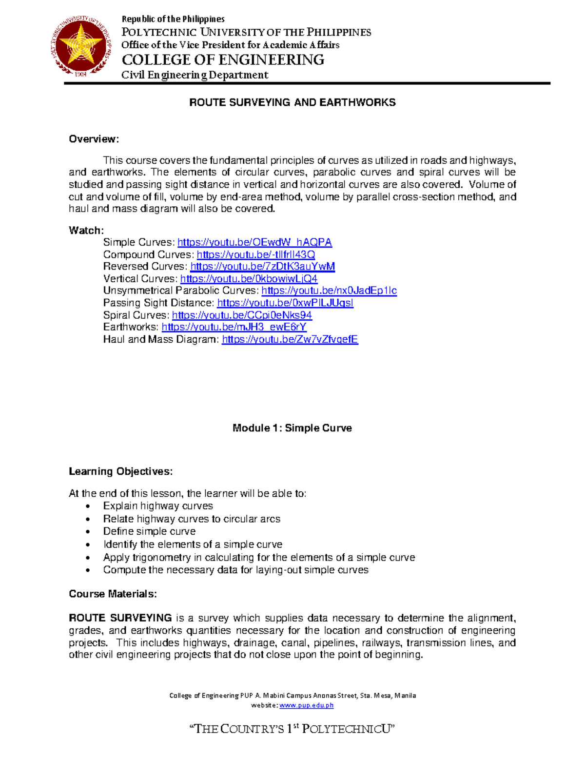 CIEN 3164 Route Surveying AND Earthworks - College Of Engineering PUP A ...